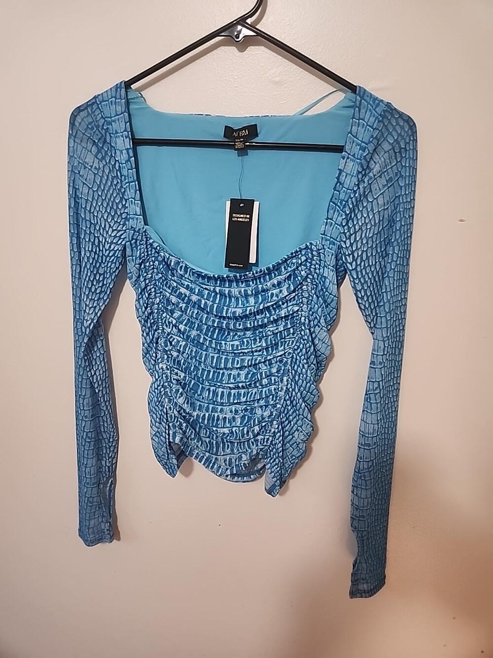 AFRM Strarus Ruched Front Mesh Top Blue Crocodile XS & M NWT